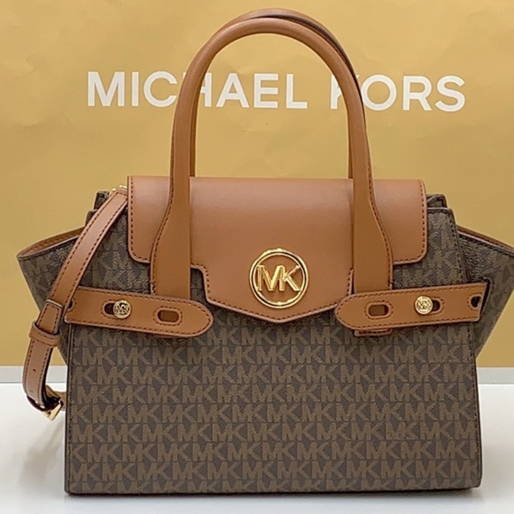 MICHAEL KORS CARMEN MEDIUM FLAP SATCHEL BROWN SIGNATURE COLOR